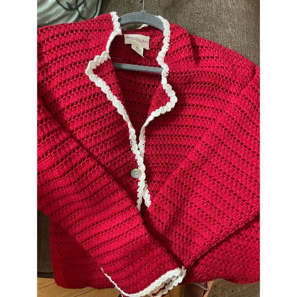 Monterey Bay Retro Cardigan Open Knit Sz XL Red Open Knit Sweater Grannycore - Picture 2 of 12